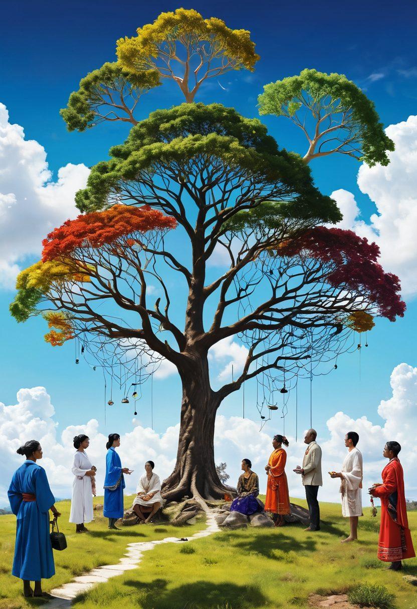 A vibrant digital landscape depicting diverse individuals connected by a glowing network, illustrating collaboration and support within Australasia. Incorporate elements representing various cultures such as traditional attire and symbols, under a bright blue sky with fluffy white clouds. Add visual metaphors of growth like trees or plants, suggesting collective progress. super-realistic. bright colors. white background.